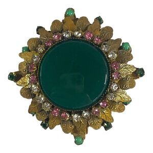 Green Cabochon Large Early Original By Robert Pink Brooch Pendant W/ Floral 2”